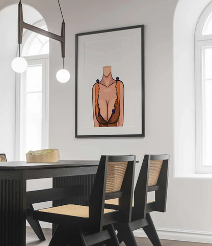 Baked Art - Model 85 digital artwork featuring ruffled orange and brown top with purple accents, highlighted by heart-shaped detail near collarbone, framed on wall.
