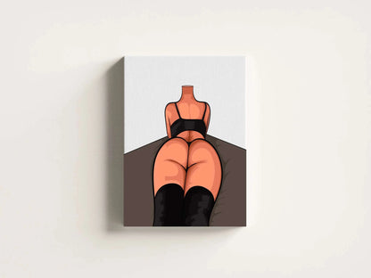 Digital illustration of a reclining figure in black attire and thigh-high boots, emphasizing curves and contours against a minimalistic background.