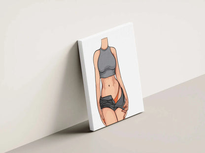 Stylized figure illustration in grey crop top and shorts, revealing orange bikini bottom, showcasing minimalistic and dynamic design – Baked Art Model 93.