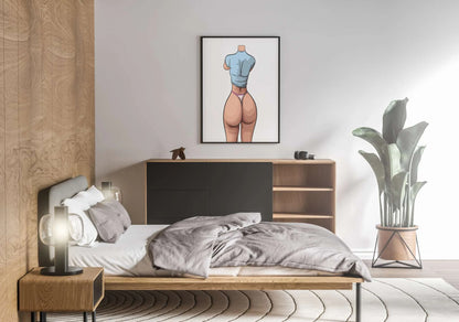 Stylized digital art of a figure in blue top and pink underwear, emphasizing curves with bold outlines; Baked Art - Model 94.