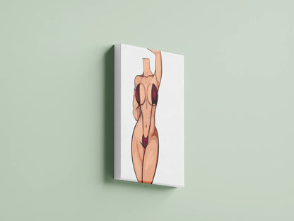 Stylized female figure in maroon bikini illustration on canvas, Baked Art - Model 96.