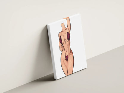 Stylized female figure in maroon bikini, digital art print, Baked Art - Model 96.