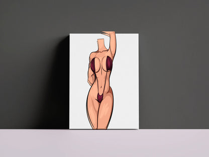 Stylized female figure in maroon bikini, digital art illustration with bold, cartoon-like style and exaggerated curves.