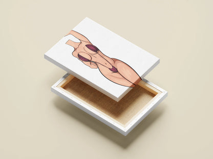 Baked Art Model 96 illustration on canvas box, featuring a stylized figure in a maroon bikini with exaggerated curves and bold cartoon style.