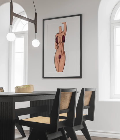 Stylized female illustration in maroon bikini, bold cartoon-like art, Baked Art - Model 96.