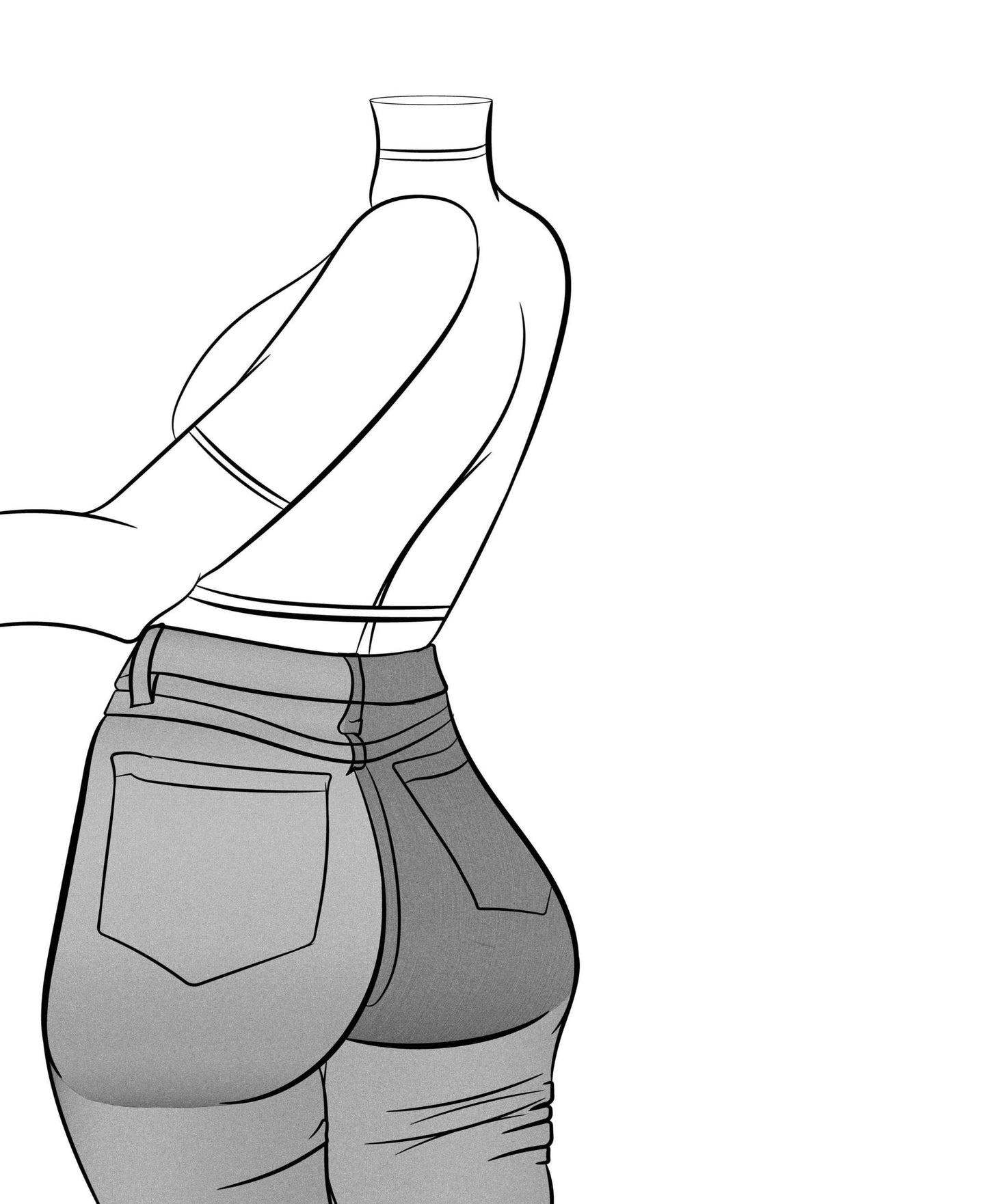 Line art of high-waisted denim jeans and cropped top, sleek and modern design.