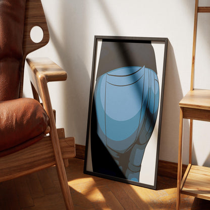 Artistic rendering of jeans on a framed poster, emphasizing baked model art design, displayed in a stylish room setting.