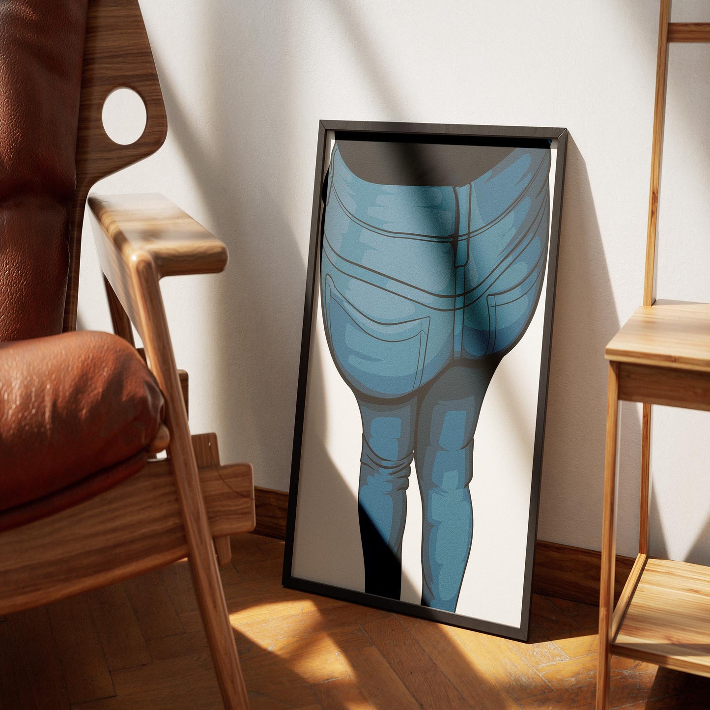 Digital illustration of denim jeans in a framed art piece, showcasing realistic curves and vibrant colors, perfect for designers and artists.