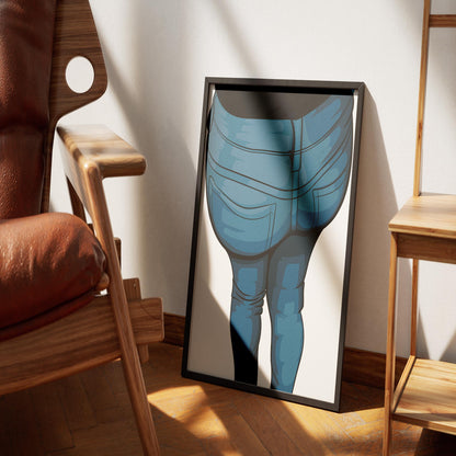 Digital illustration of denim jeans in a framed art piece, showcasing realistic curves and vibrant colors, perfect for designers and artists.