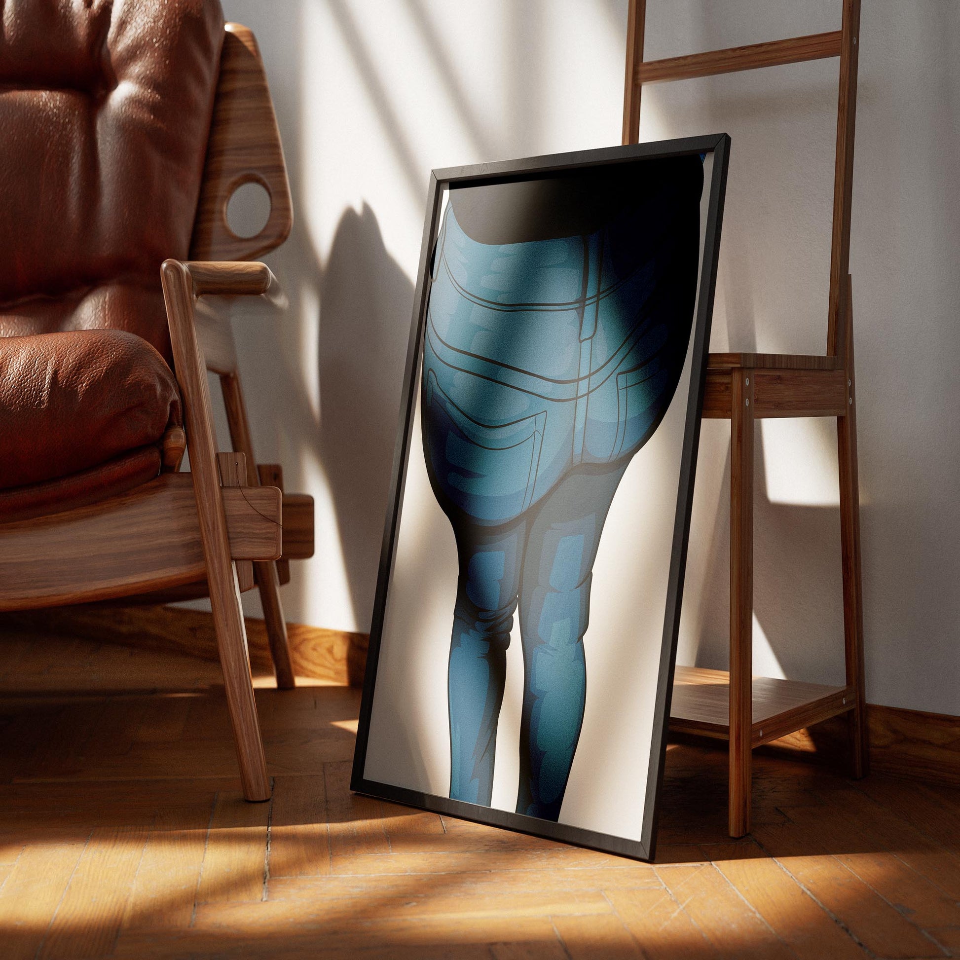 Digital illustration of denim fashion jeans, framed artwork in a stylish room, Jeans Denim - Baked Model Art 15.