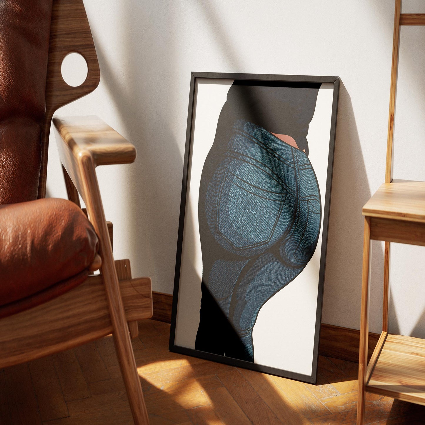Digital denim artwork showcasing detailed jeans with realistic stitching and fabric patterns, emphasizing depth and light play. Ideal for designers and fashion projects.