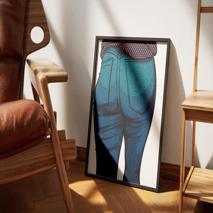 Jeans Denim - Baked Model Art 21 digital artwork in frame, showcasing textured denim details and polka-dot top.