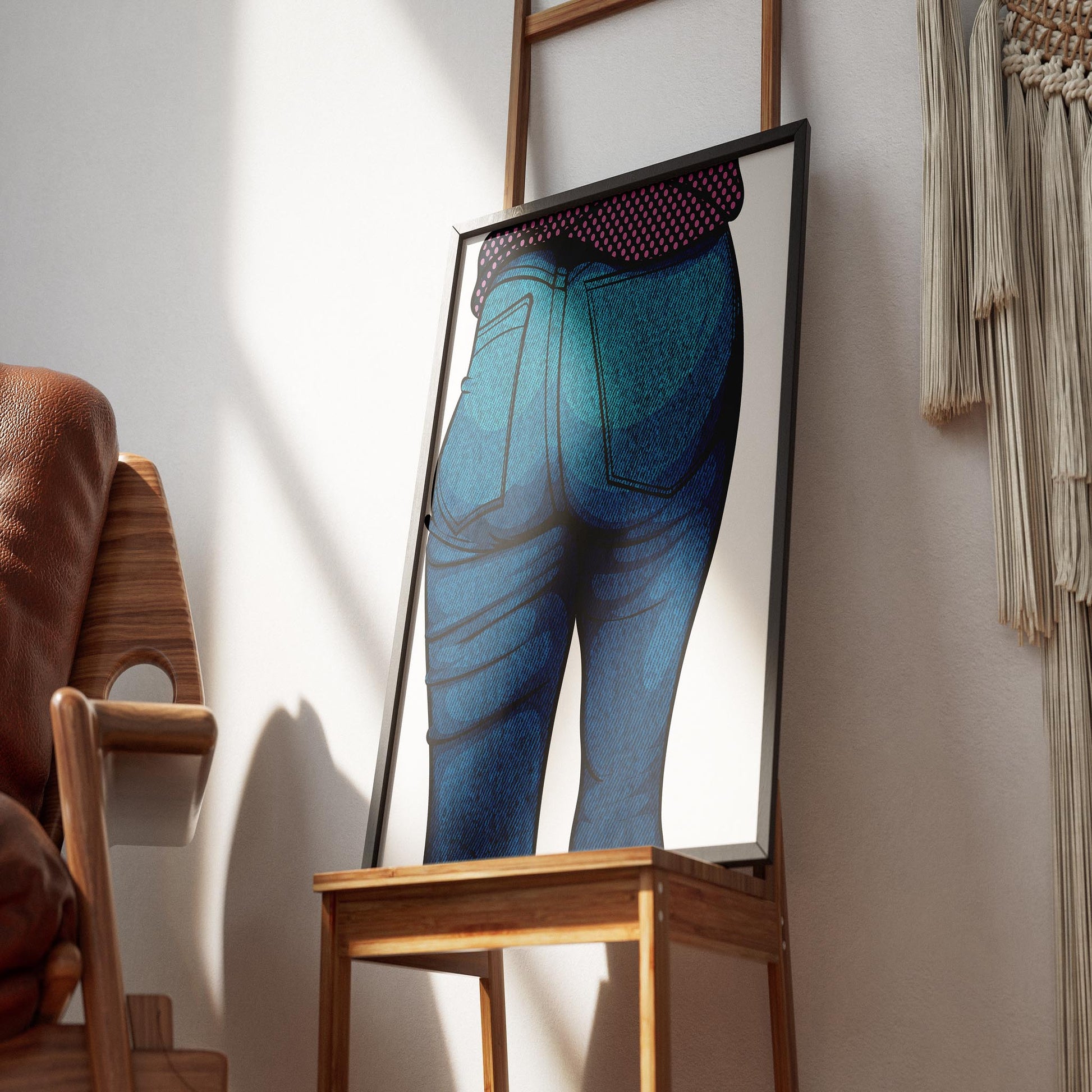 Digital artwork of jeans with vibrant denim aesthetic and polka-dot top, showcasing intricate details and contemporary style.