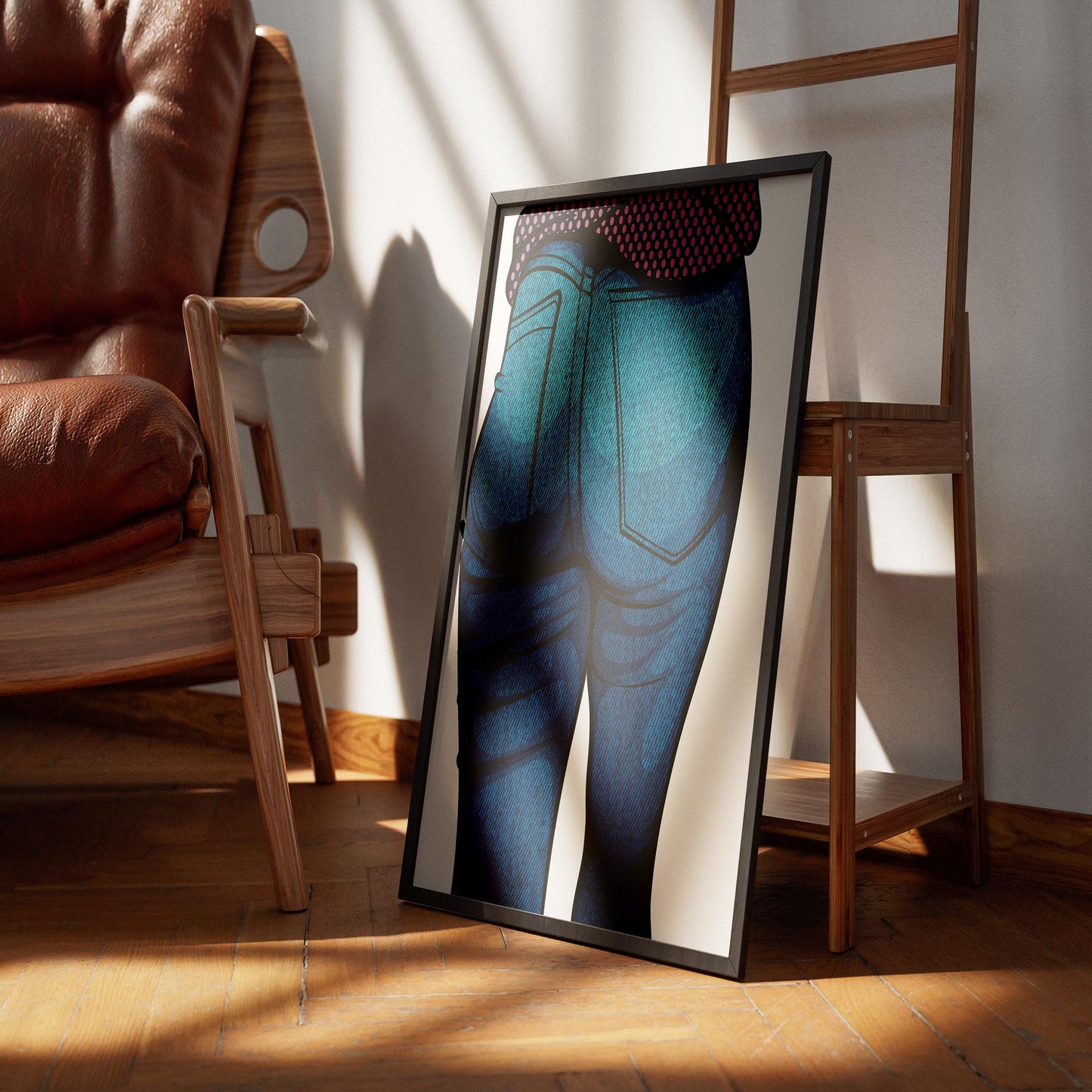 Digital artwork of jeans denim model with vibrant texture and polka-dot top, "Jeans Denim - Baked Model Art 21".