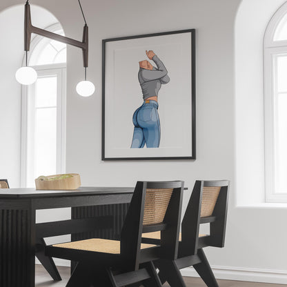 Illustration of stylish denim fashion featuring Jeans Denim - Baked Model Art 24, showcasing detailed texturing and dynamic pose in a modern interior setting.