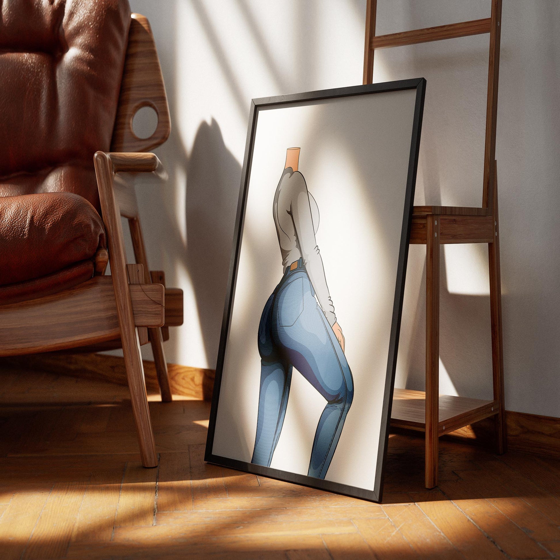 Illustration of modern fashion jeans, emphasizing denim texture and dynamic pose.