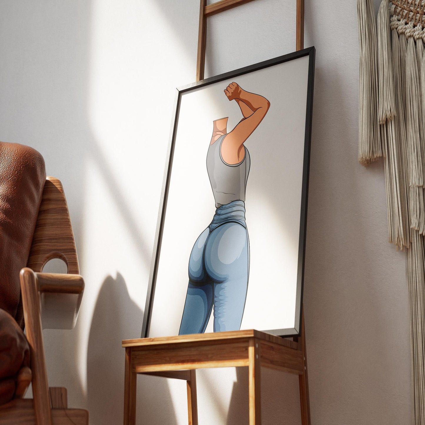 Dynamic artwork featuring a character in stretch pose wearing form-fitting jeans, showcasing realistic denim texture and highlighting style and comfort in the Jeans Denim - Baked Model Art 26.