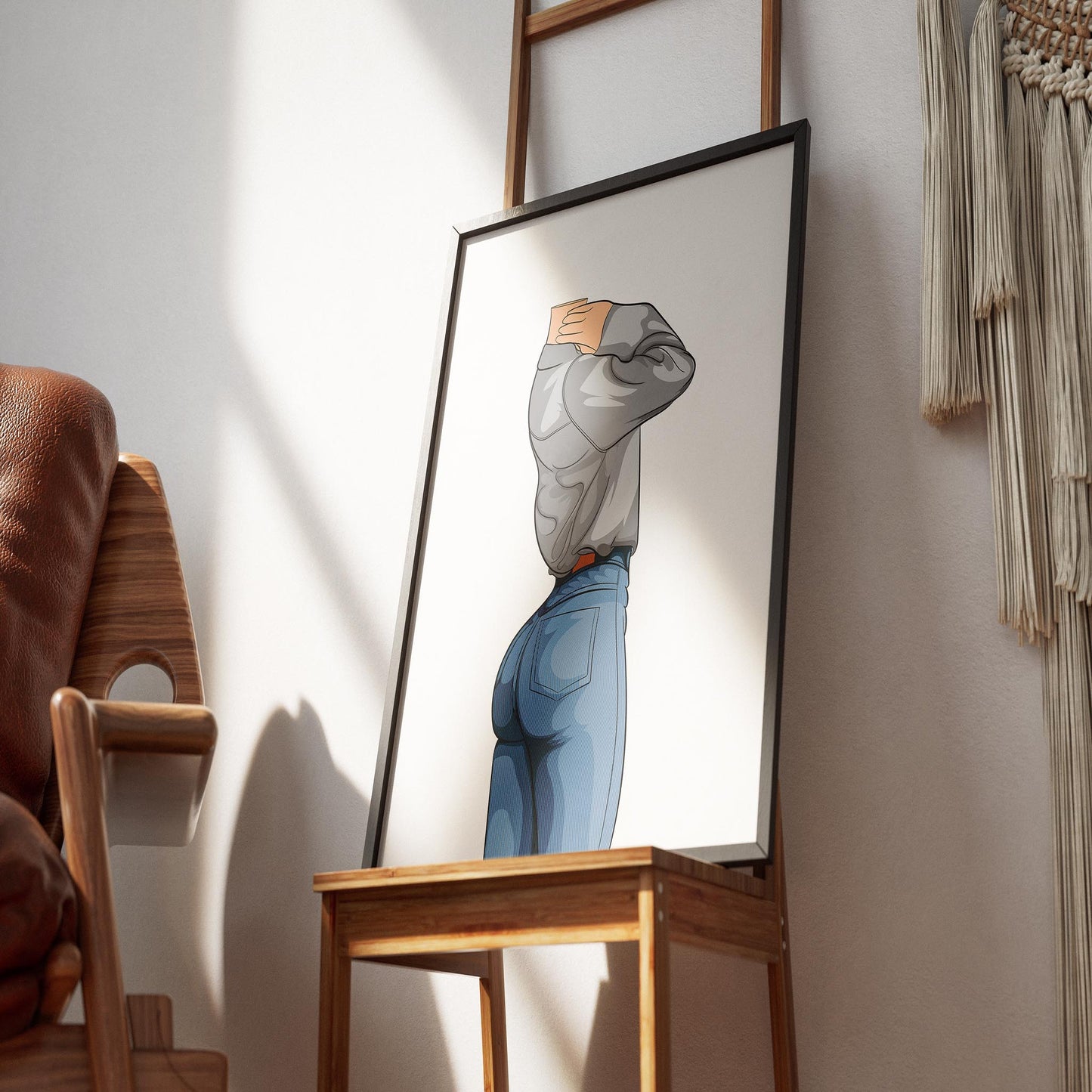 Illustration of a character in fitted denim jeans and loose sweatshirt, highlighting realistic texture and casual style.