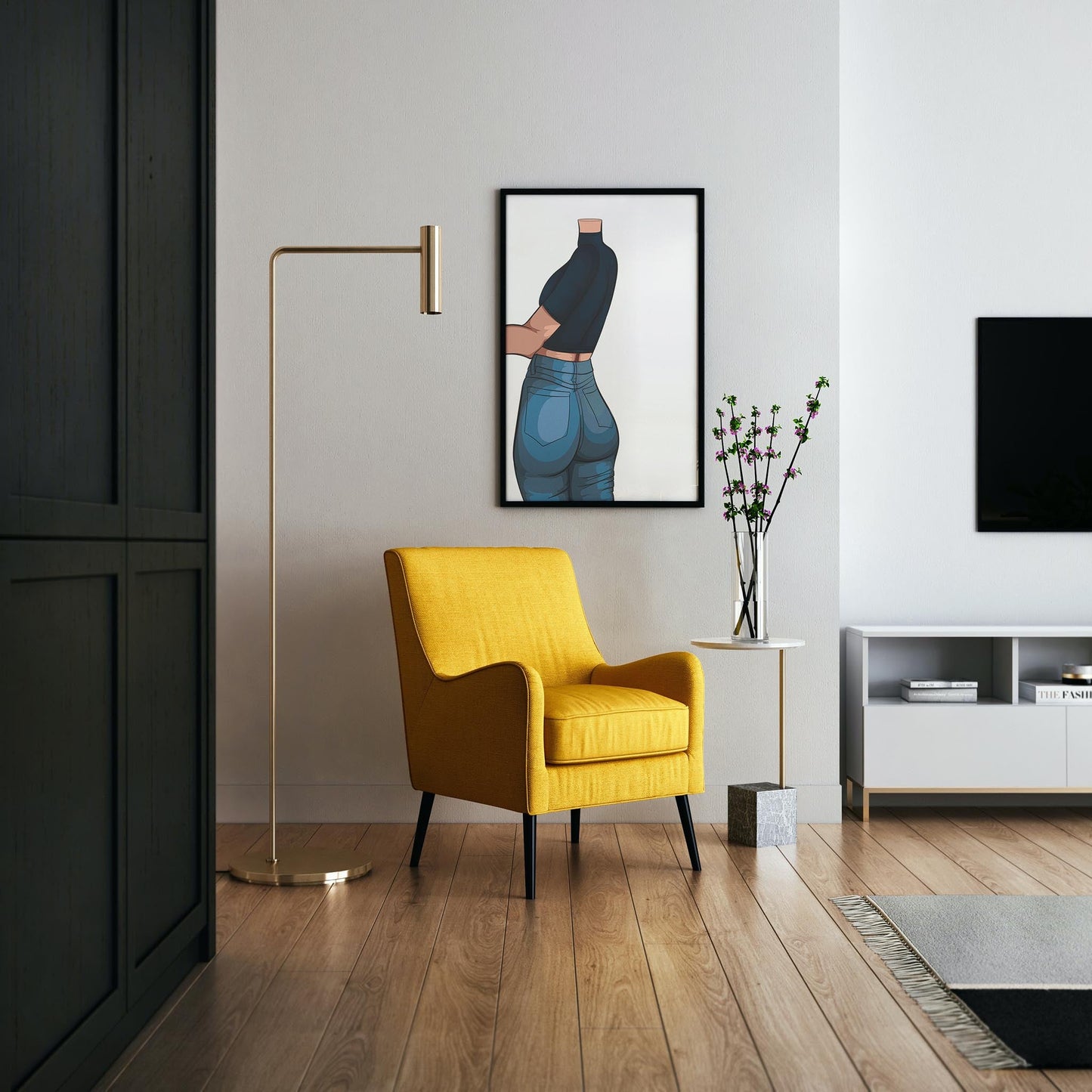 Digital art of high-waisted jeans on a headless figure, framed in a modern living space with a yellow chair.
