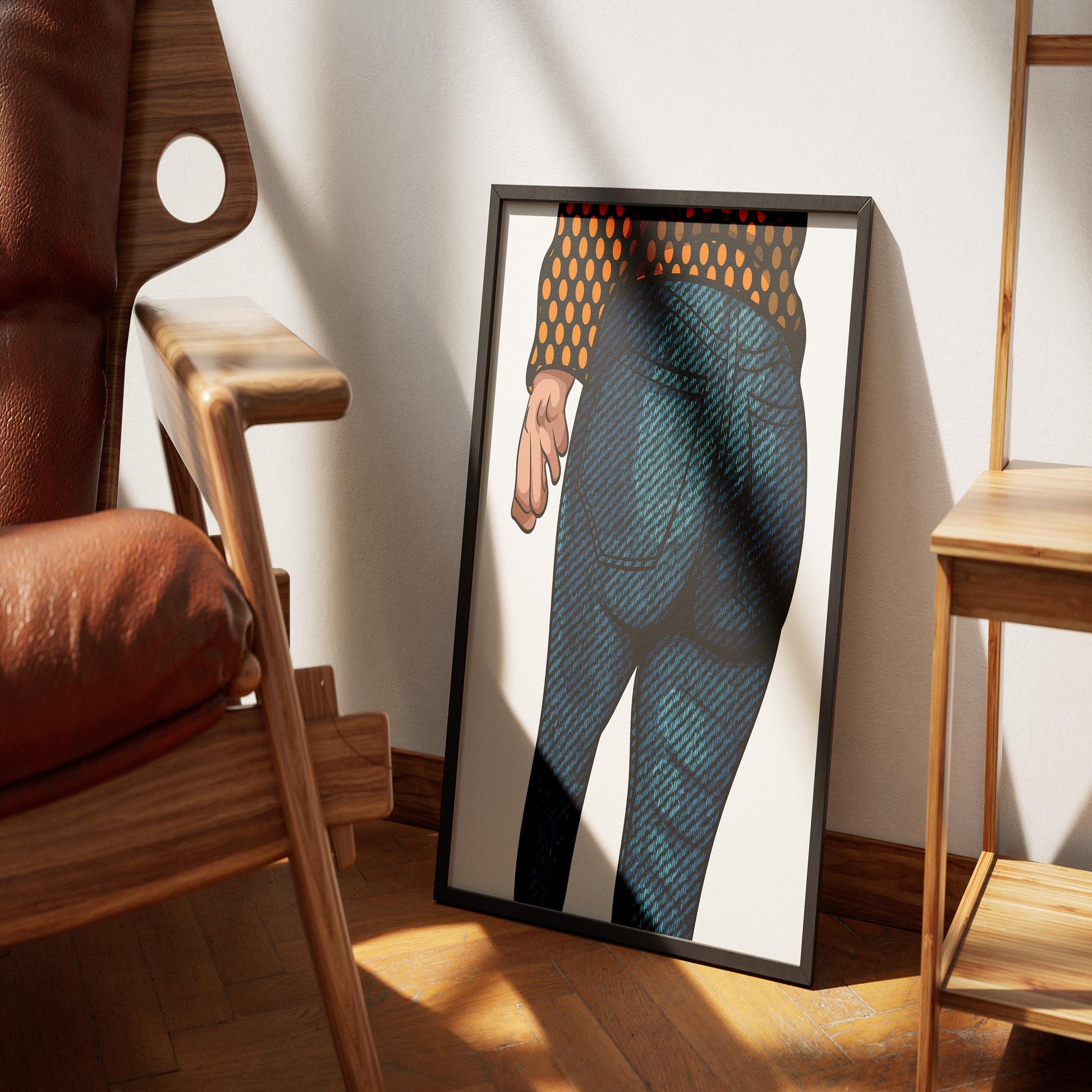 Illustration of Jeans Denim Model 31 with textured detailing, featuring a character holding a smartphone.