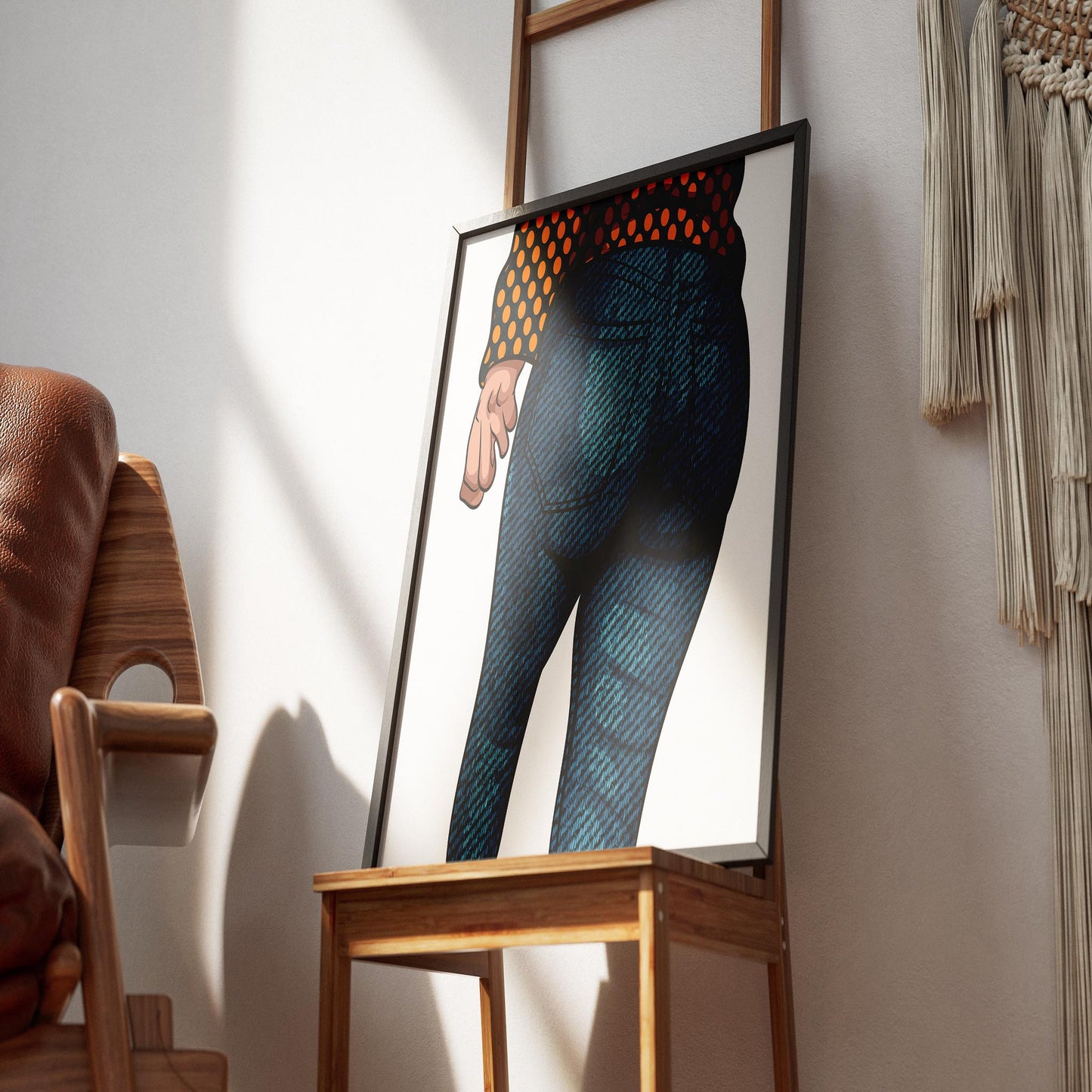 Jeans Denim Model 31 artwork on wooden easel, highlighting detailed fabric texture and deep blue color in lifestyle setting.