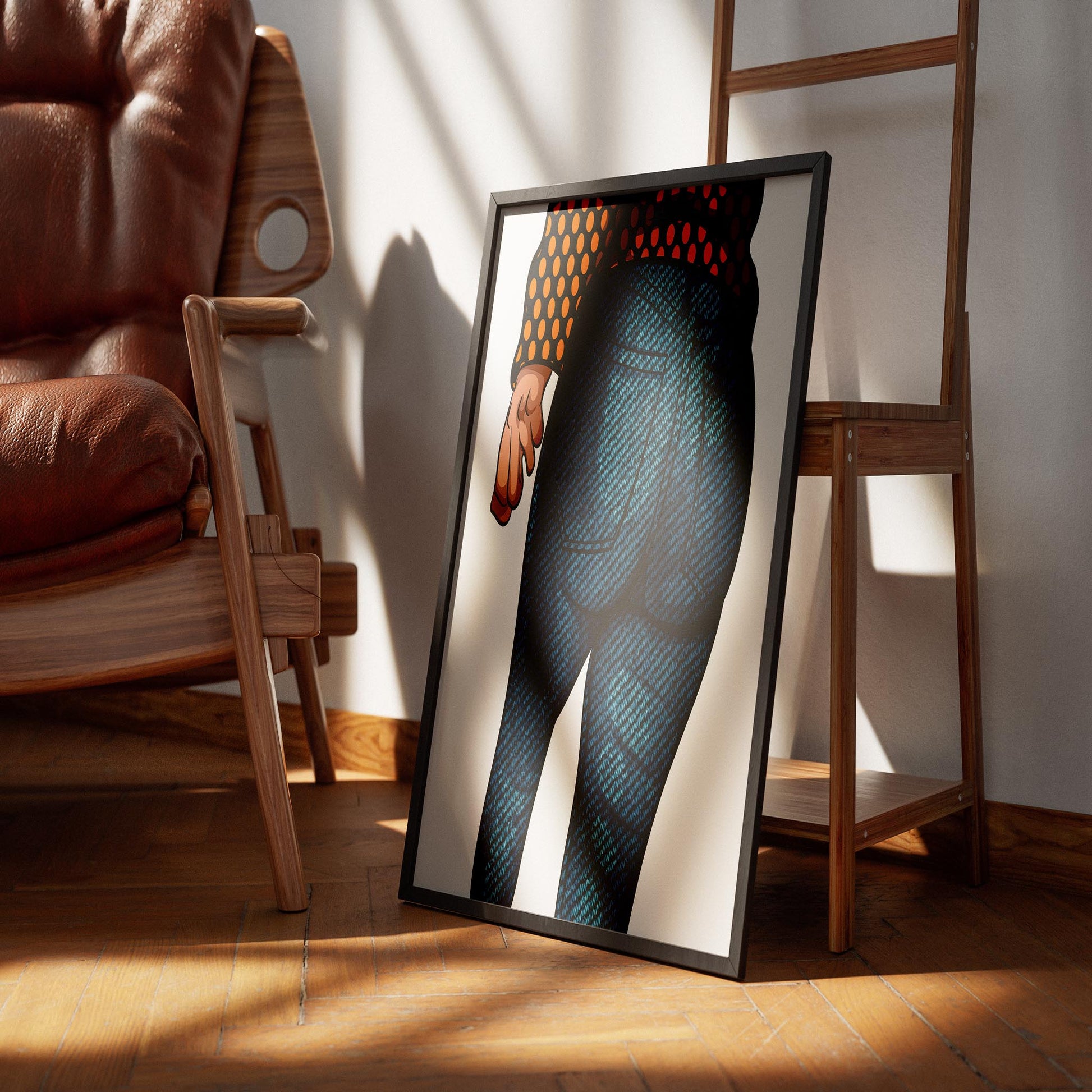 Illustrative art of a character in denim jeans and dark top, showcasing relaxation with a smartphone, emphasizing style and detail.