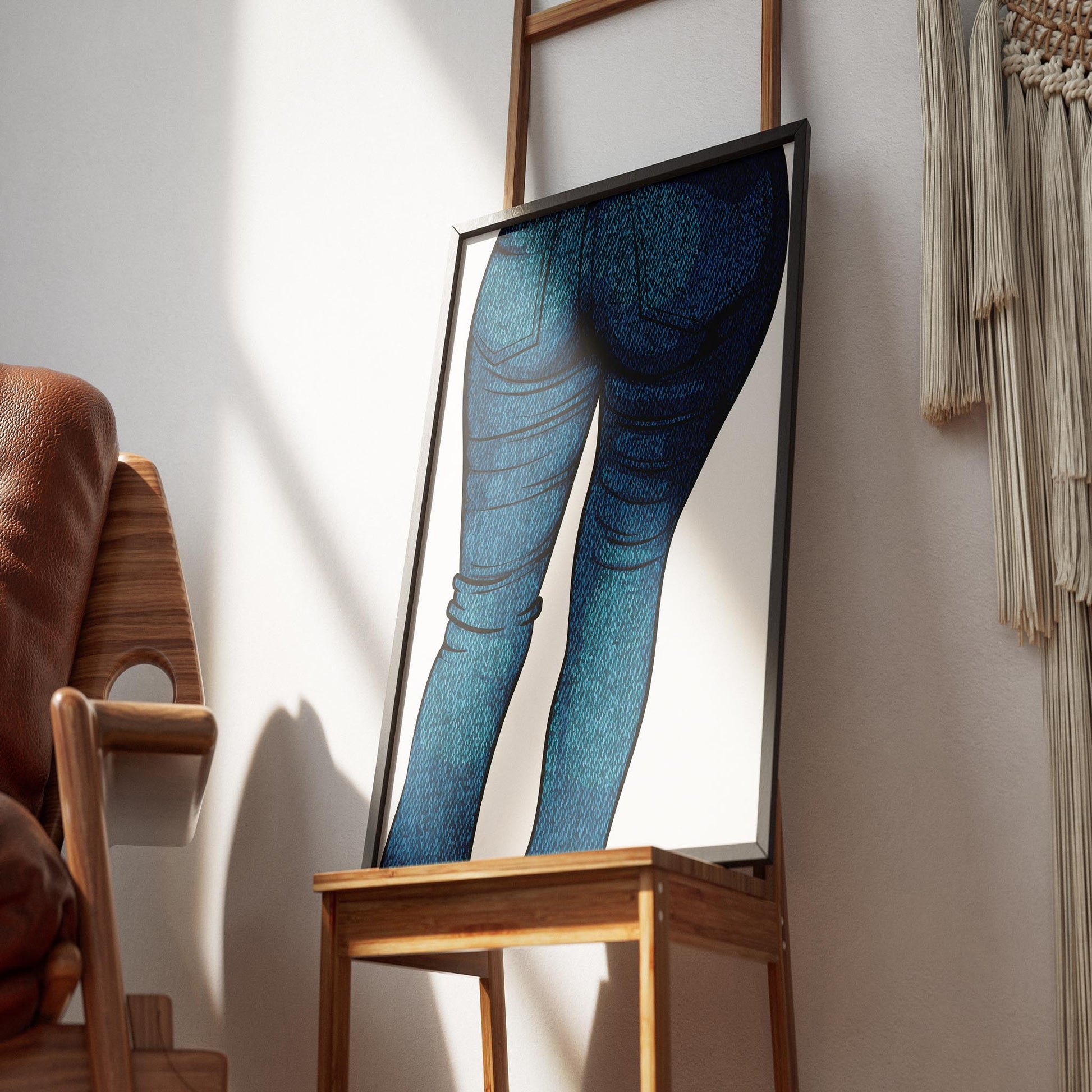Digital art of jeans denim model 43 in a wooden frame, leaning against a wall in a cozy room setting.