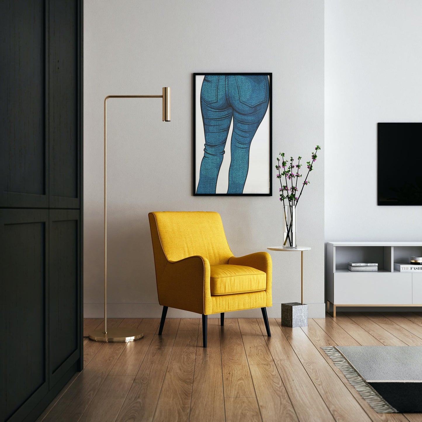 Artistic illustration of fashion denim leggings in a modern interior setting, Baked Art - Jeans Denim Model 43.