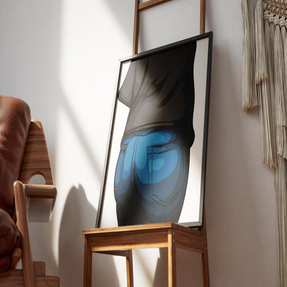 Baked Art - Jeans Denim Model 48 digital illustration on a wooden easel in a cozy room.