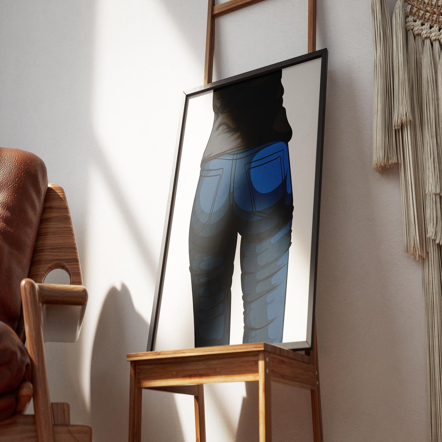 Jeans Denim Model 51 artwork in frame on chair, featuring realistic textures and shading, ideal for digital fashion design.