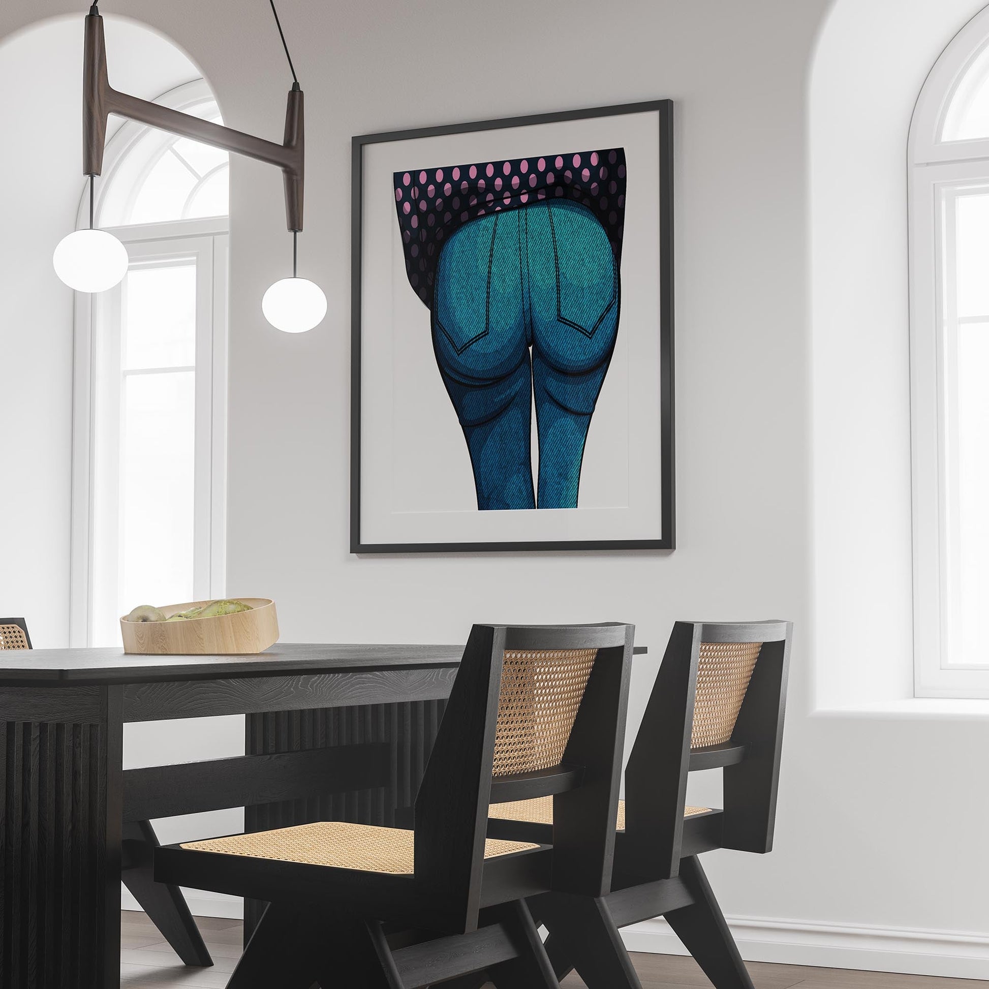 Bright blue denim jeans artwork with texture and contrast stitching, featuring a pink polka-dot shirt accent; "Baked Art - Jeans Denim Model 58".