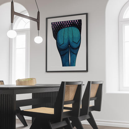 Bright blue denim jeans artwork with texture and contrast stitching, featuring a pink polka-dot shirt accent; "Baked Art - Jeans Denim Model 58".