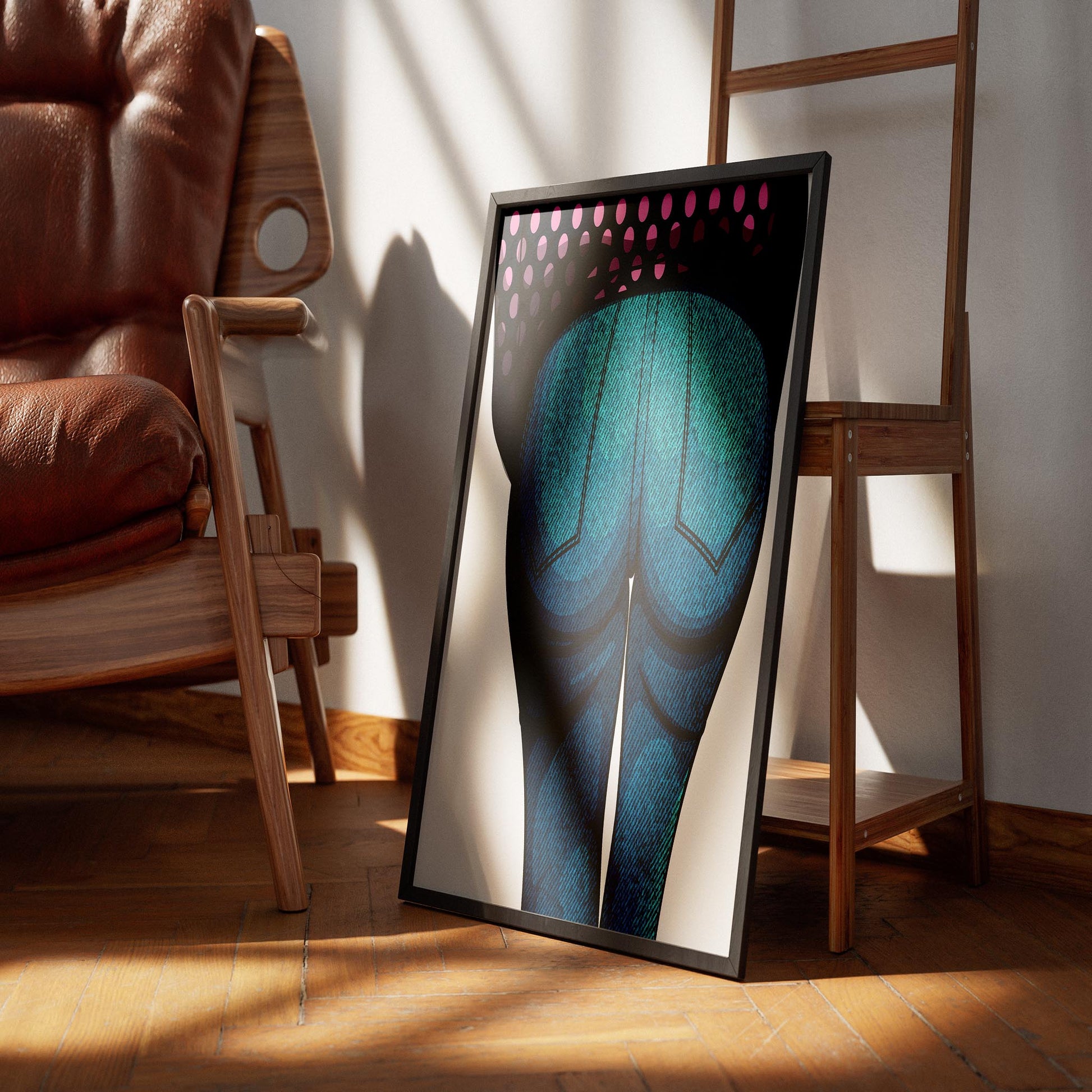 Close-up artwork of bright blue denim jeans with contrast stitching and pink polka-dot accents, showcasing digital fashion.