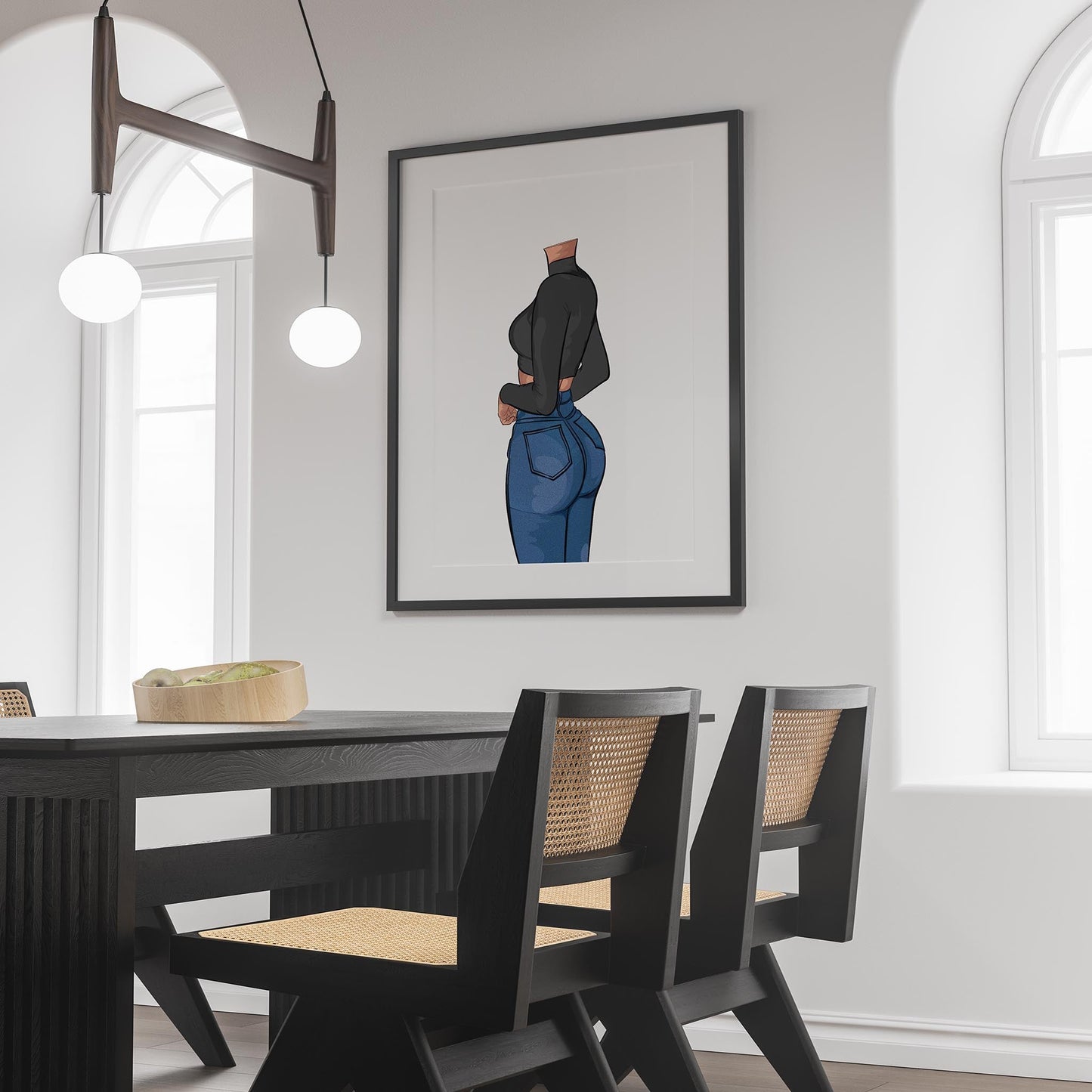 Digital art of a figure in high-waisted blue denim jeans and a black crop top; Baked Art - Jeans Denim Model 63.