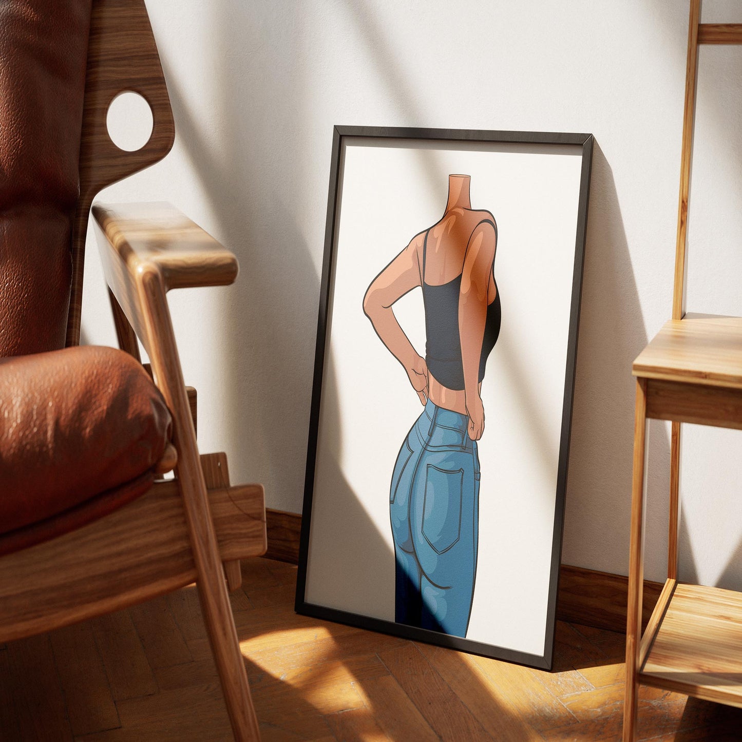 Artwork of a character in high-waisted blue denim jeans and dark cropped tank, focus on curves and fabric detail, Jeans Denim Model 67.