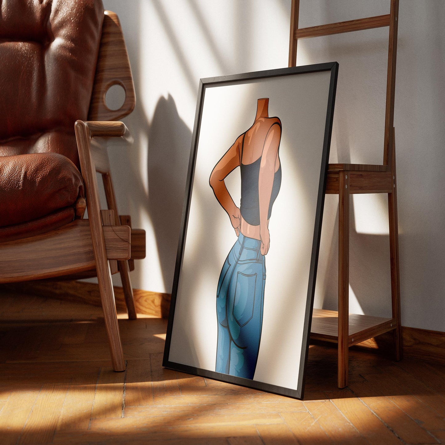 Side-back view artwork of a character in high-waisted blue denim jeans and dark cropped tank top, showcasing detailing and texture, titled "Baked Art - Jeans Denim Model 67."