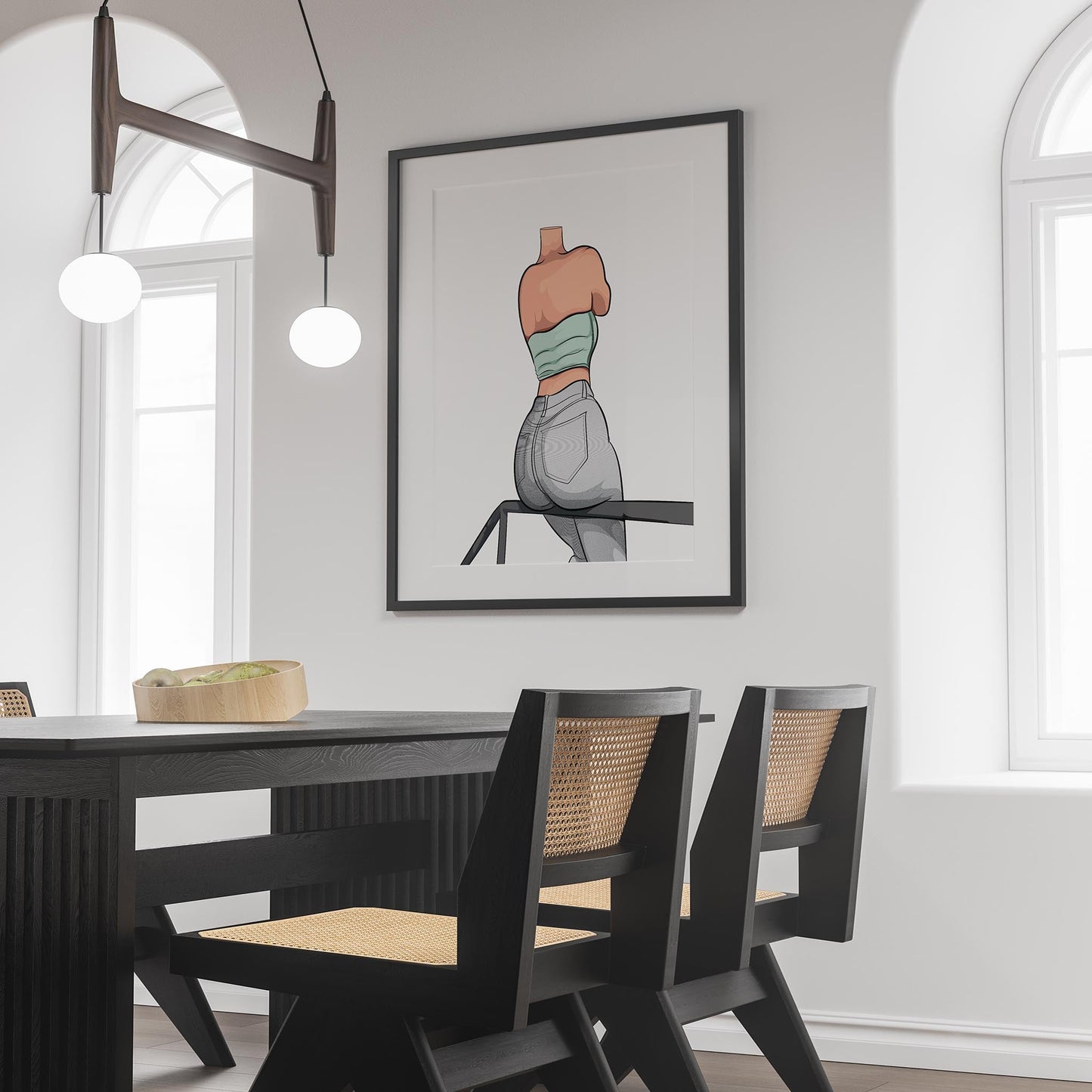 Framed digital artwork of model in jeans and strapless top from Baked Art - Jeans Denim Model 70 series, displayed in a modern room.