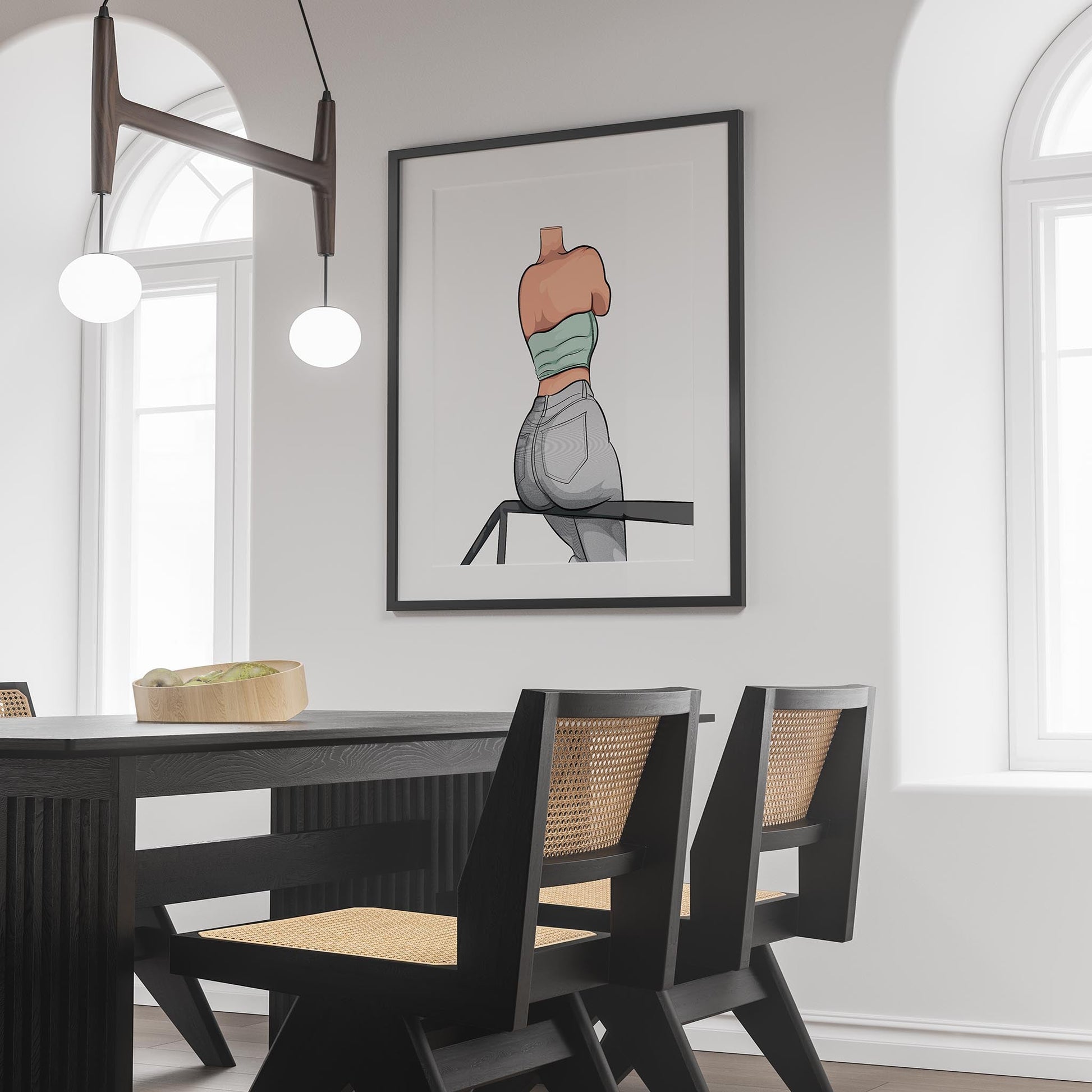Framed digital artwork of model in jeans and strapless top from Baked Art - Jeans Denim Model 70 series, displayed in a modern room.