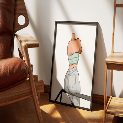 Artwork featuring model in light green strapless top and light denim jeans, part of Baked Art - Jeans Denim Model 70 series, showcasing modern denim art.