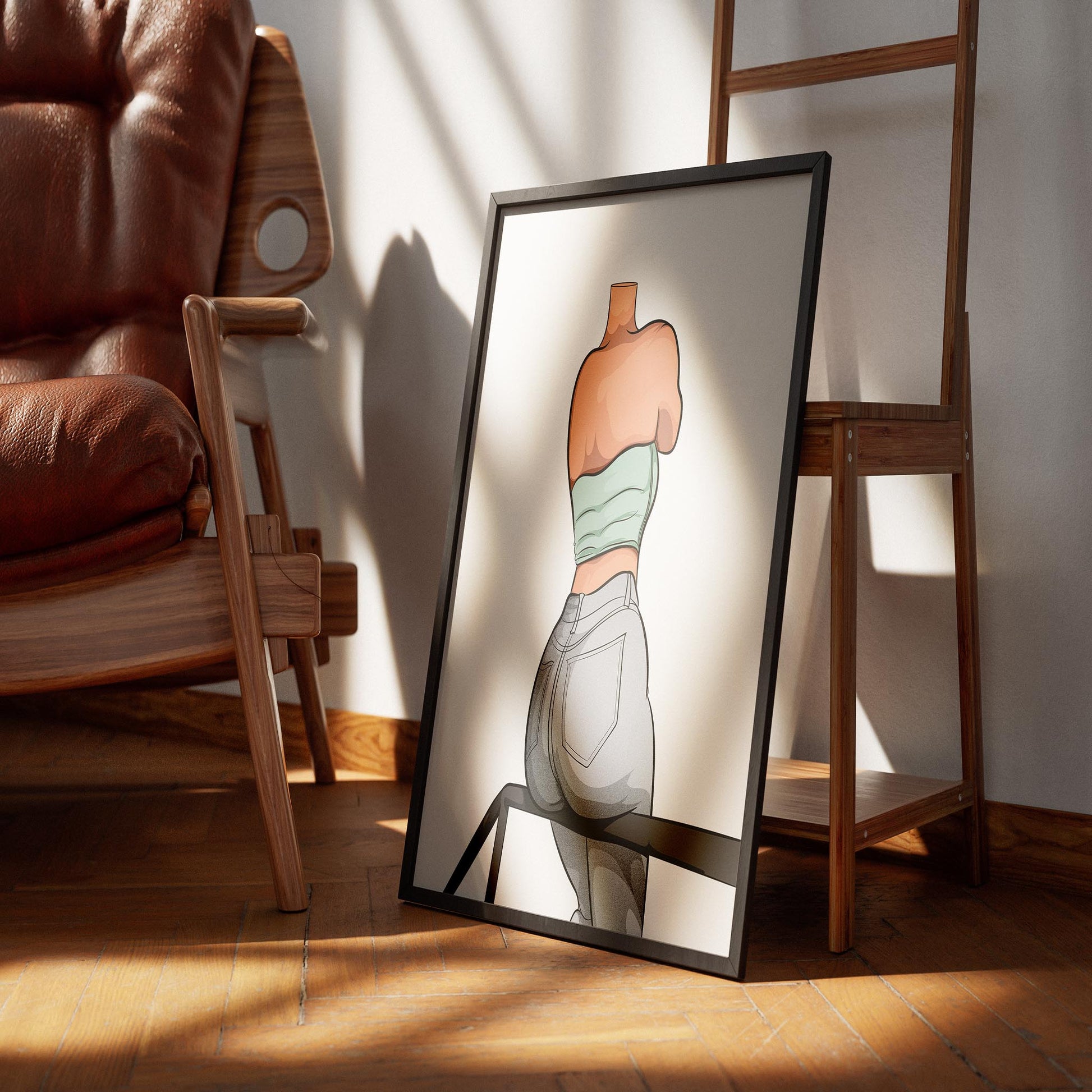 Framed artwork of model wearing light green strapless top and jeans, Baked Art - Jeans Denim Model 70.