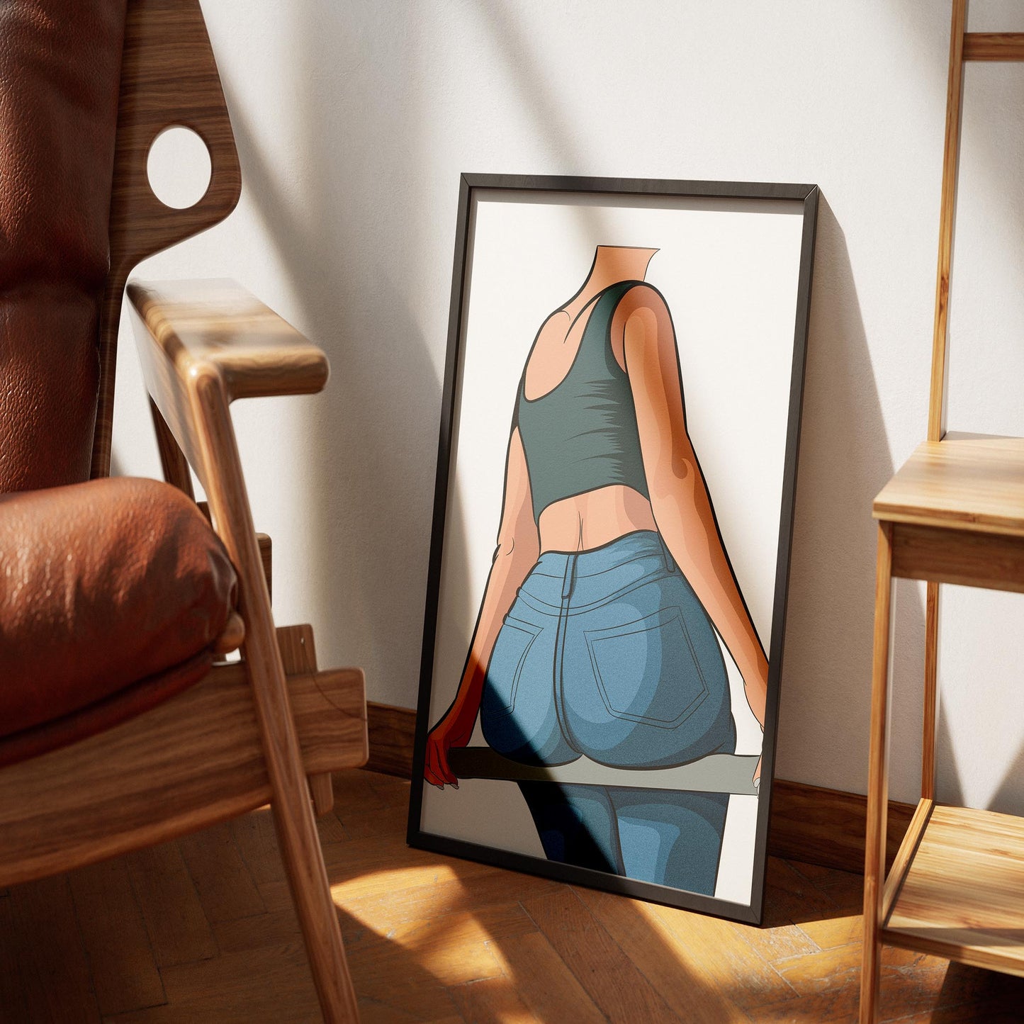 Baked Art - Jeans Denim Model 72 in a framed digital artwork, featuring a figure in a black tank top and blue denim jeans, with a dynamic pose.