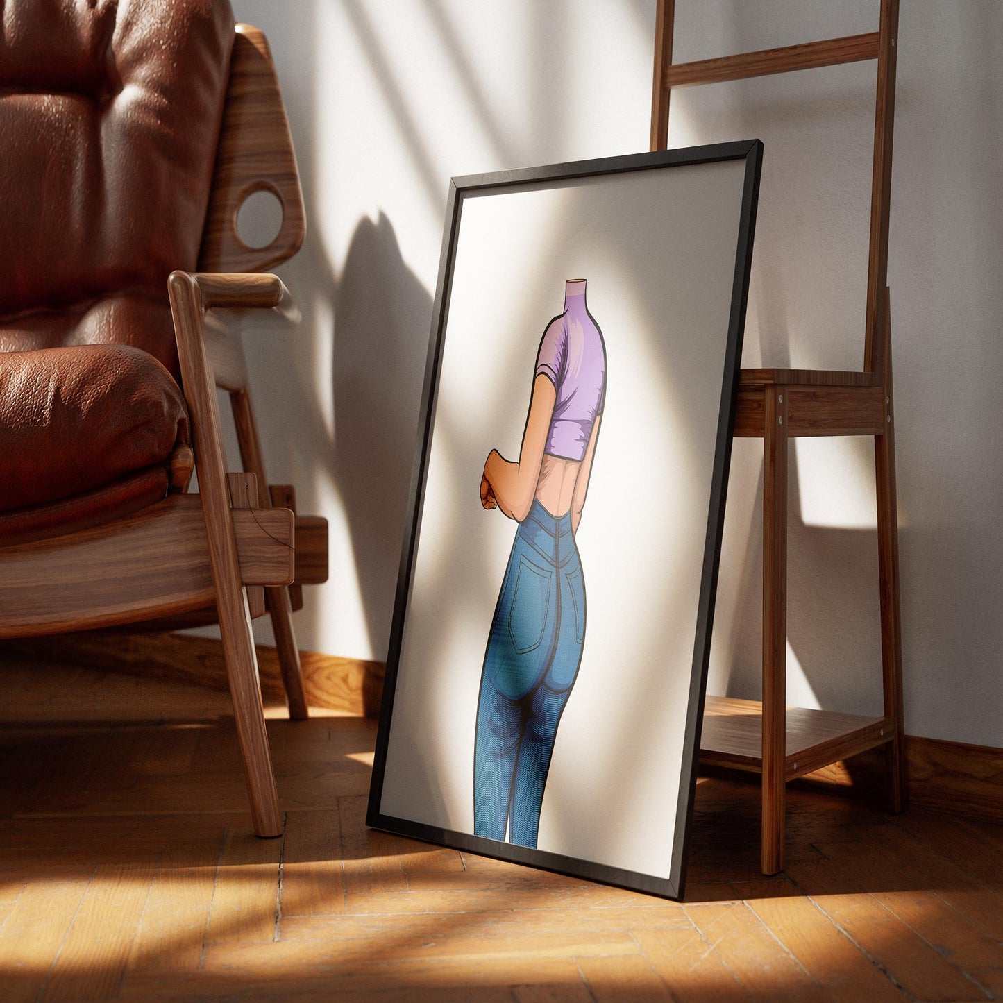 Baked Art Jeans Denim Model 78 featuring high-waisted snug denim and cropped purple top in art frame.