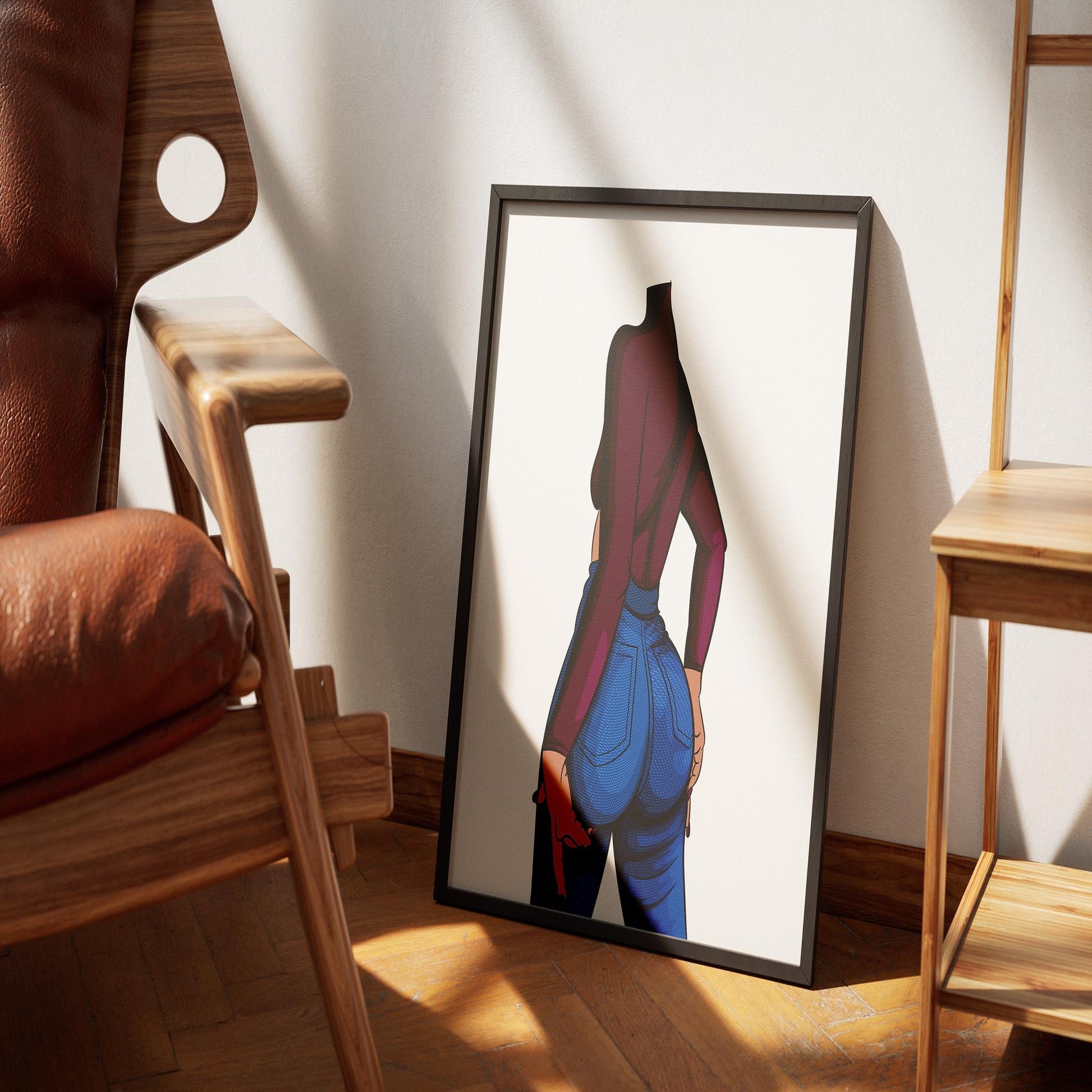 Illustration of a figure in high-waisted blue denim jeans and burgundy top, titled Baked Art - Jeans Denim Model 79, highlighting bold texture and style.