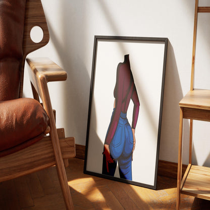 Illustration of a figure in high-waisted blue denim jeans and burgundy top, titled Baked Art - Jeans Denim Model 79, highlighting bold texture and style.