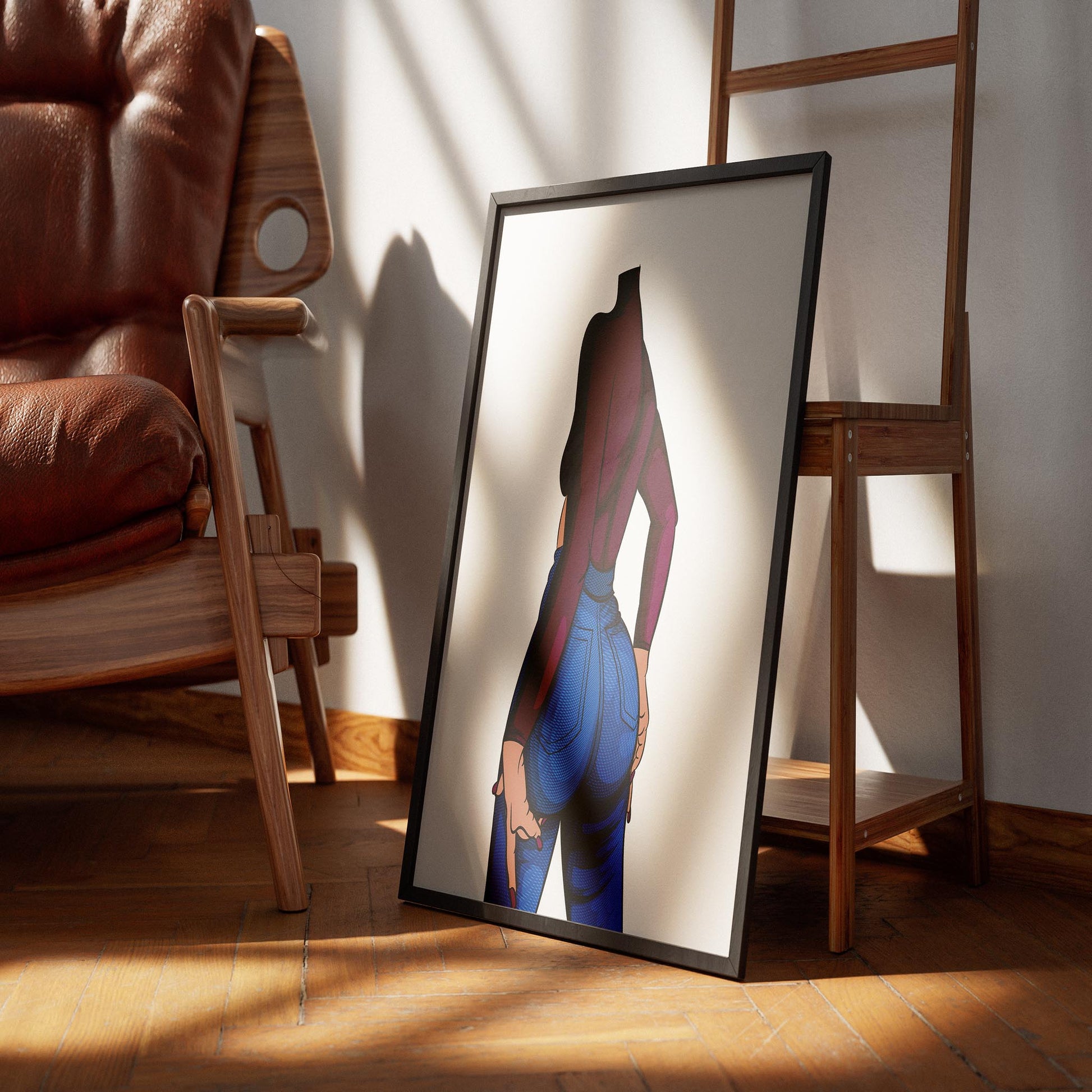 Baked Art - Jeans Denim Model 79 artwork featuring bold textured blue jeans and maroon top.