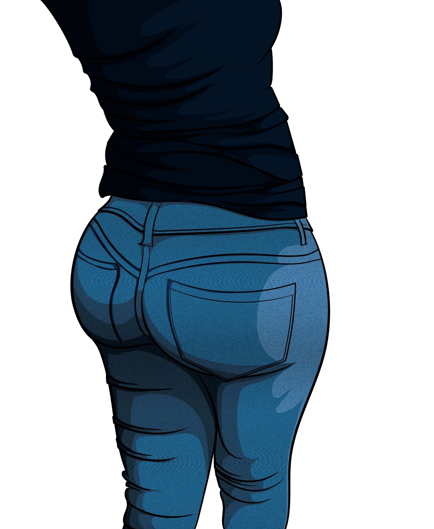 Digital pop art of figure in high-waisted blue jeans, highlighting curves with bold lines and sleek shading.