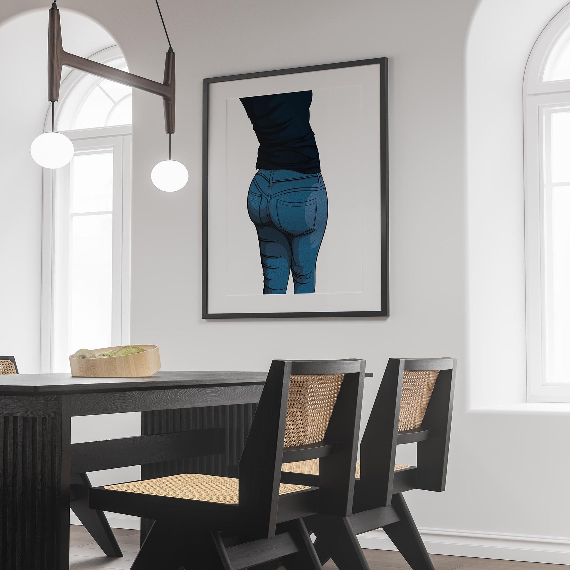 Digital pop art print featuring high-waisted denim, titled "Jeans Denim - Baked Model Art 8," displayed on a modern dining room wall.