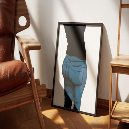 Digital pop art print of high-waisted denim jeans, showcasing sleek aesthetic and bold lines.