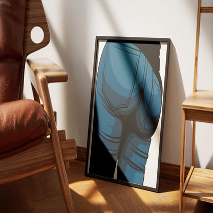 Framed digital art of jeans denim design displayed on the floor.