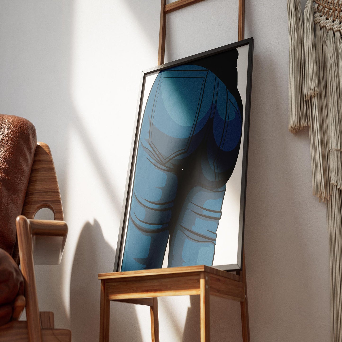 Digital artwork of Jeans Denim Model 9 in a frame on a wooden easel.